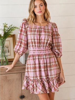 Umgee Pink and Brown Plaid Smocked-Waist Mini Dress